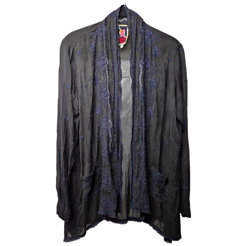 Johnny Was Black Sheer Blue Floral Open Front Cardigan Pockets Sz S Wome…